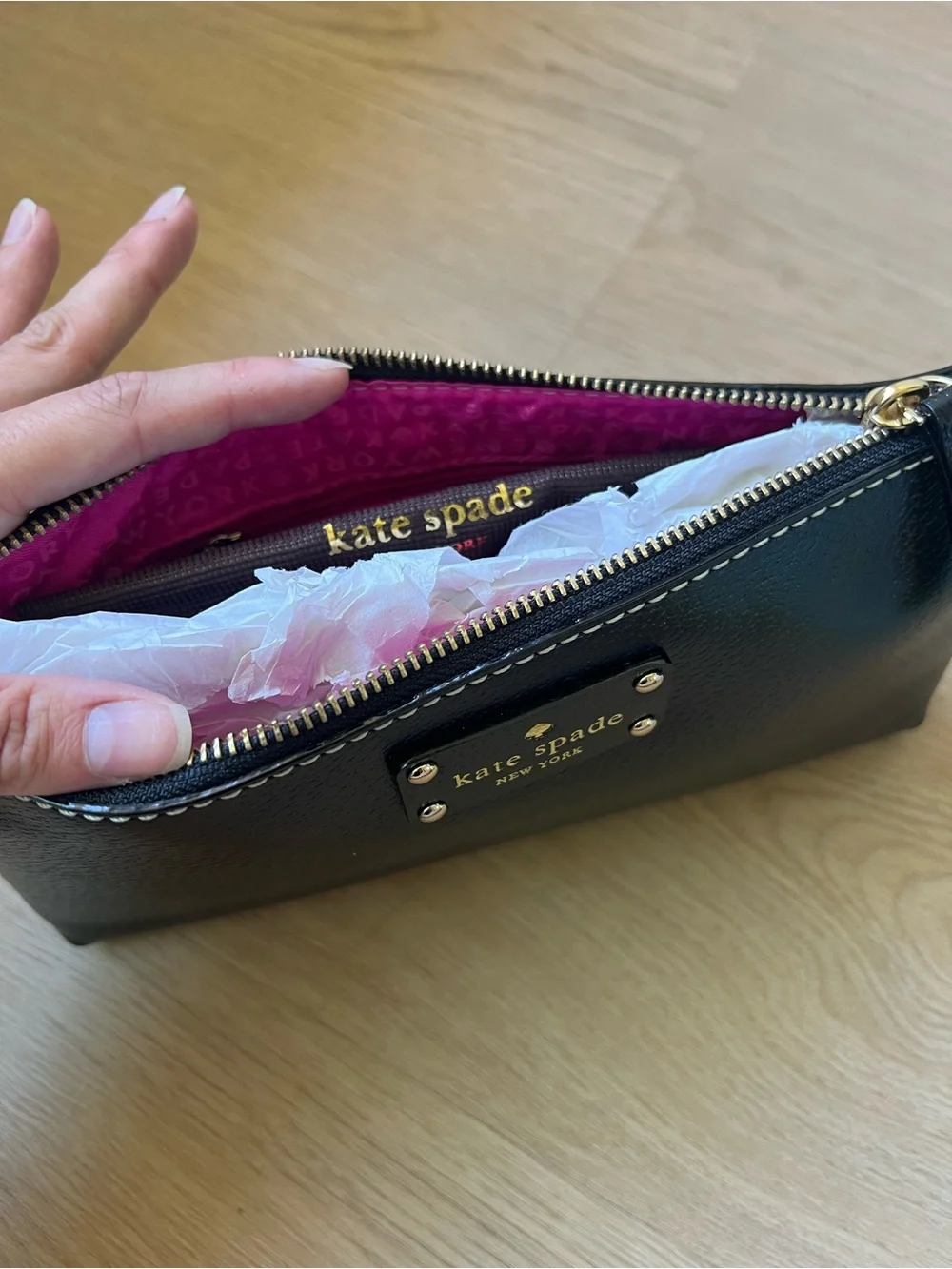kate spade Black Pebbled Leather Chain Wristlet with Gold Hardware